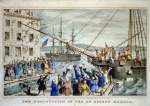 The Destruction of Tea at Boston Harbor in 1773 by Nathaniel Currier. 