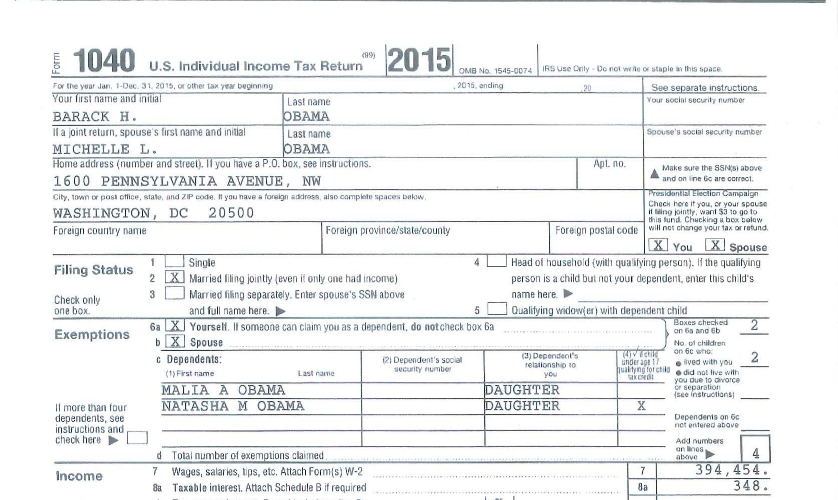 The 2015 tax return of Barack Obama. Presidents have, until this year, always released their returns to demonstrate they have no conflicts of interest. What conflicts are you hiding, Mr. Trump? (Whitehouse.gov)