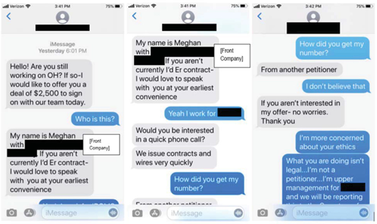 Text message from “Meghan” from one of the front companies offering $2,500 to one of the employees at the signature collecting company.